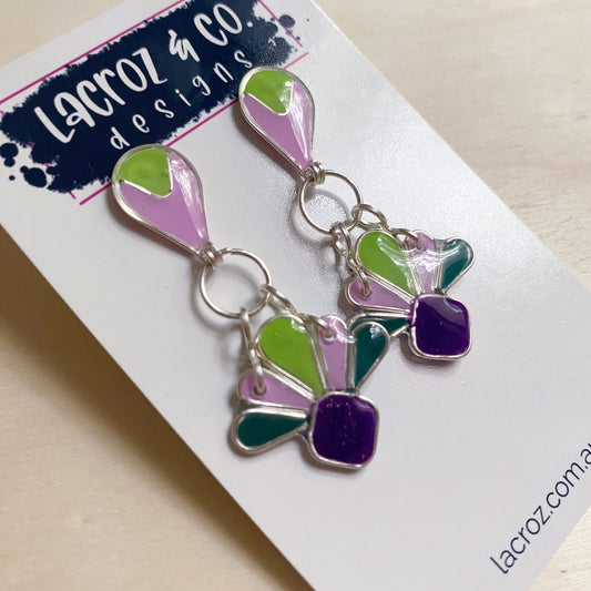 Art Deco Dangle Earrings | Purple and Green Silver