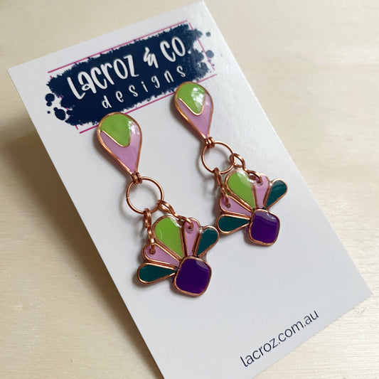 Art Deco Dangle Earrings | Purple and Green Copper