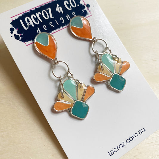 Art Deco Dangle Earrings | Turquoise and Orange Silver