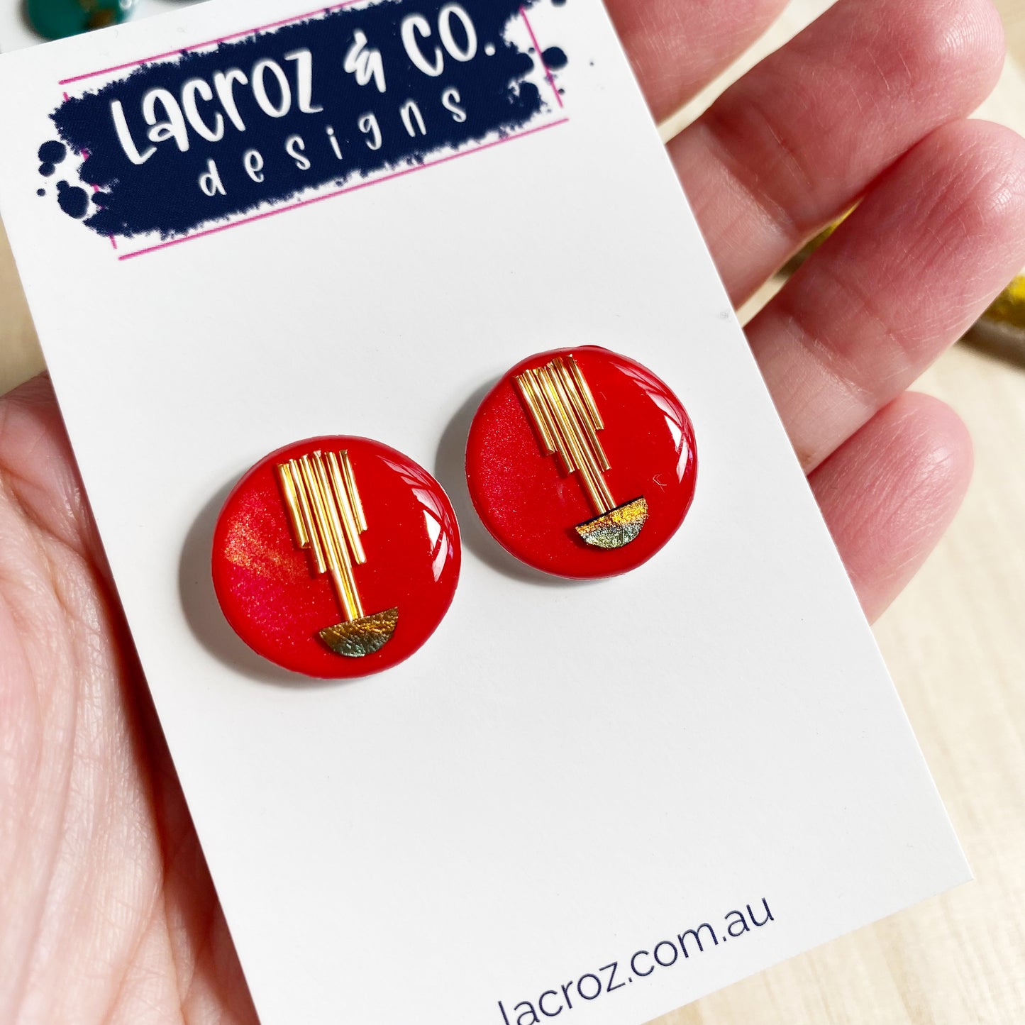 Art Deco Stud Earrings | Red