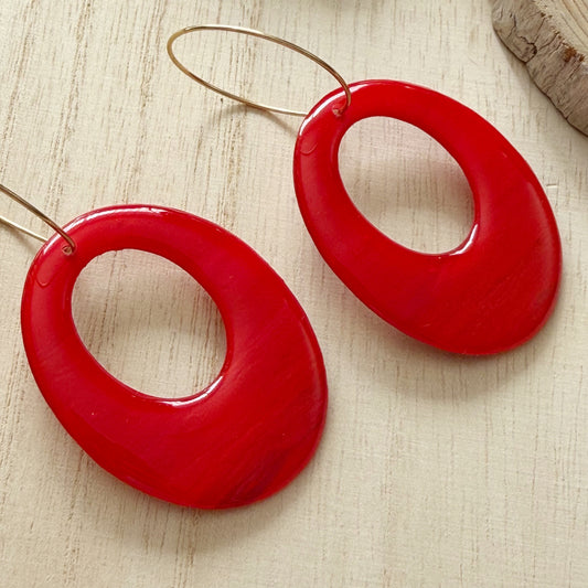 Oval Hoop Earrings | Red