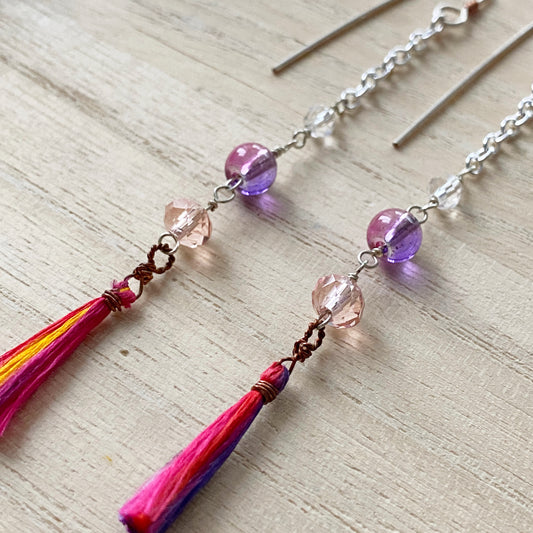 Yasi | Silver Chain Long Purple Sunset Tassel Earrings