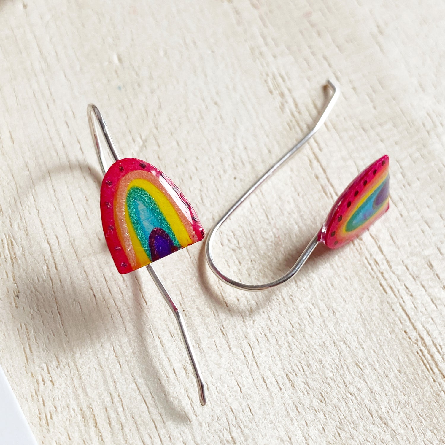 colourful mini rainbow drop earrings from an earring hook