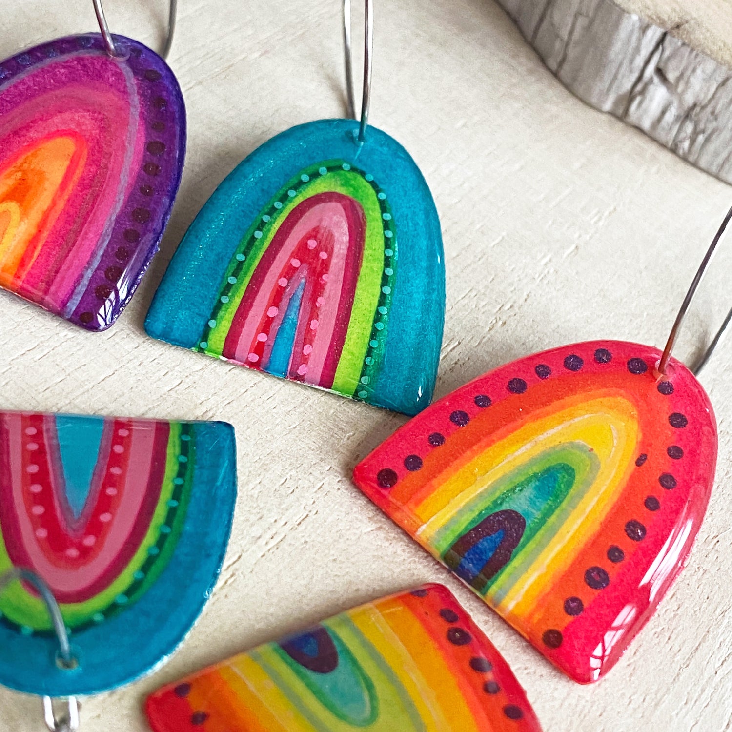 colourful hand painted watercolour rainbow earrings