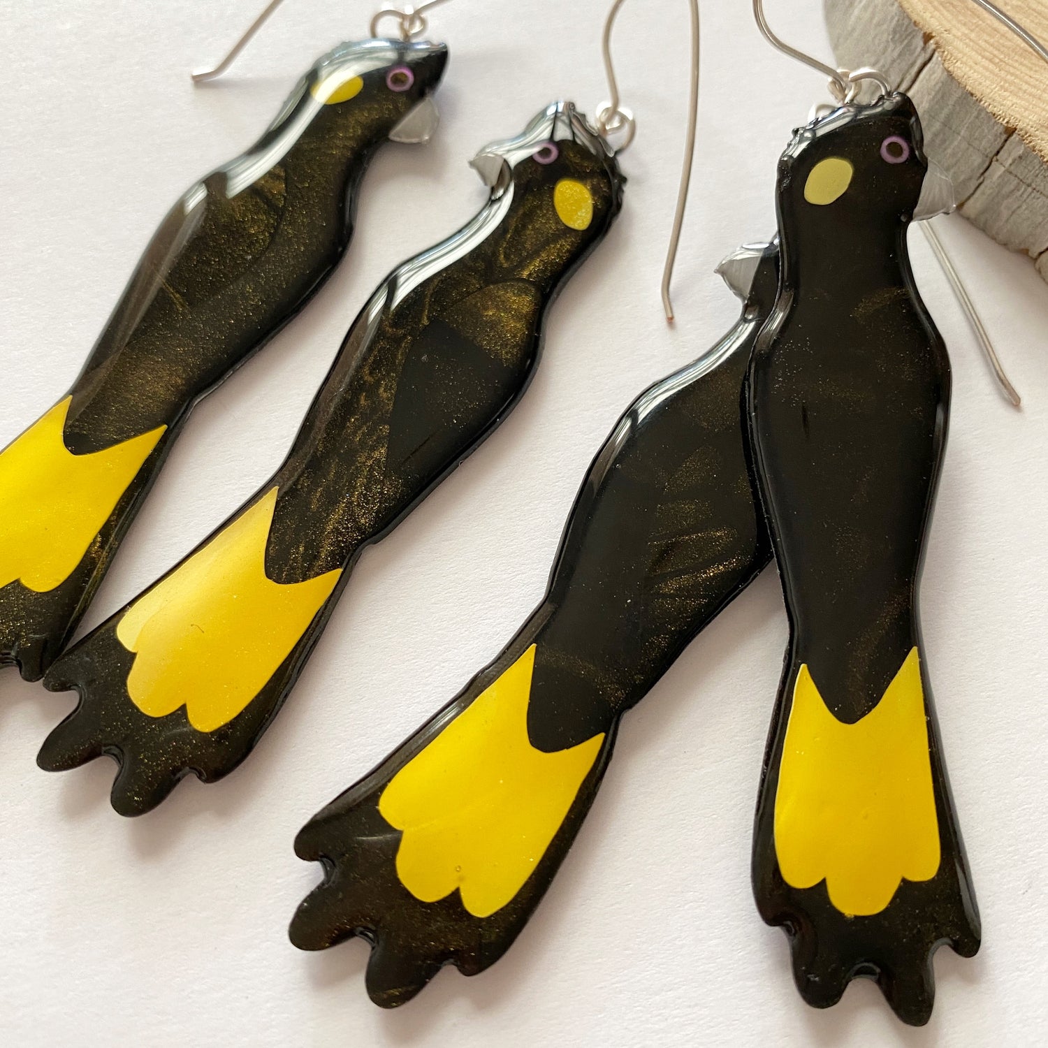Handmade yellow-tailed black cockatoo statement earrings