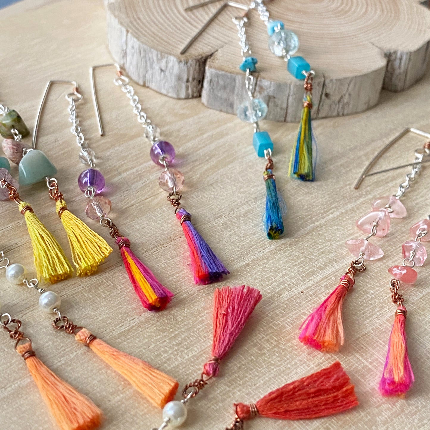 Yasi | Silver Chain Long Blue Tassel Earrings