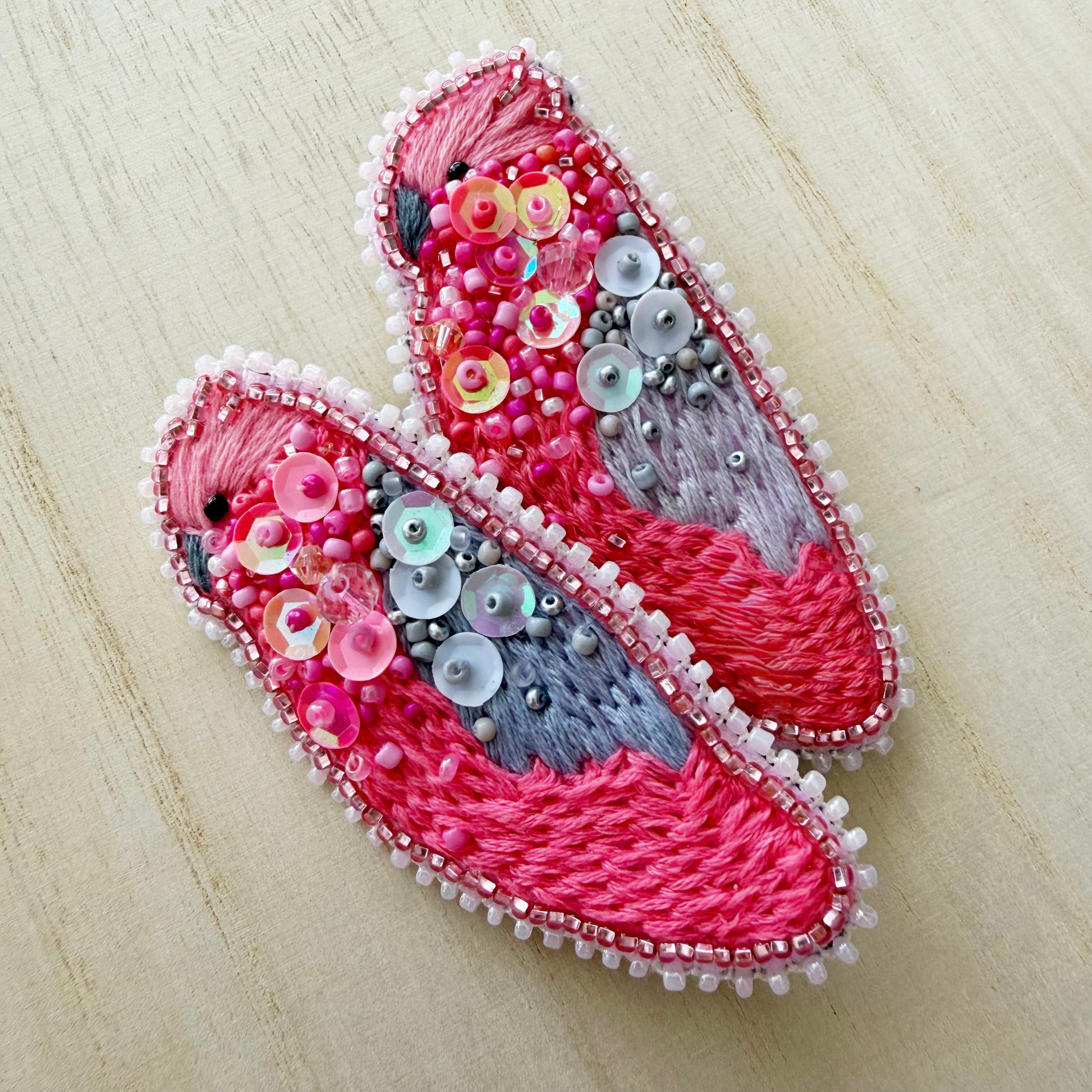 hand beaded pink and grey galah bird brooch