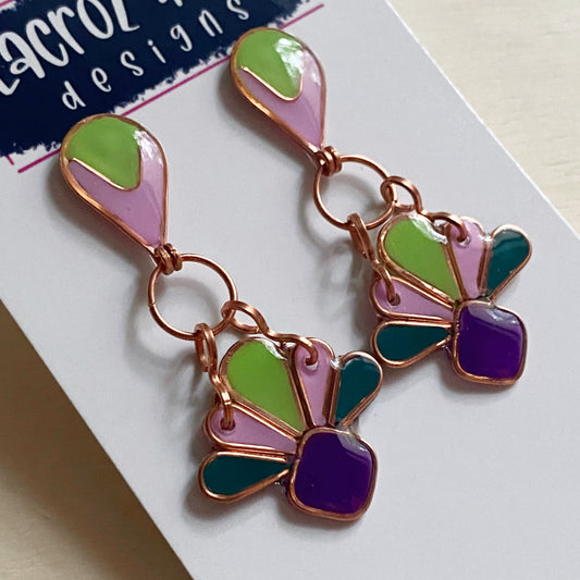 Art Deco Dangle Earrings | Purple and Green Copper