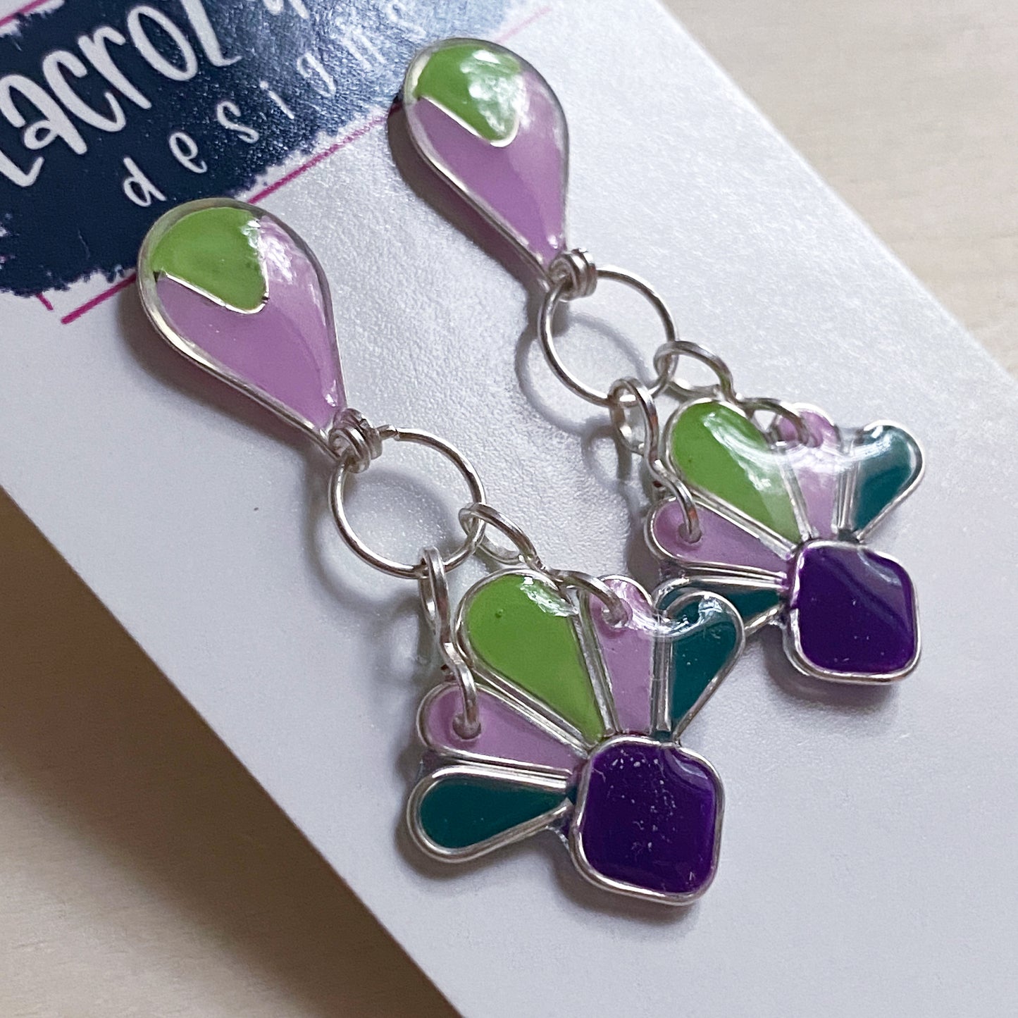 Art Deco Dangle Earrings | Purple and Green Silver