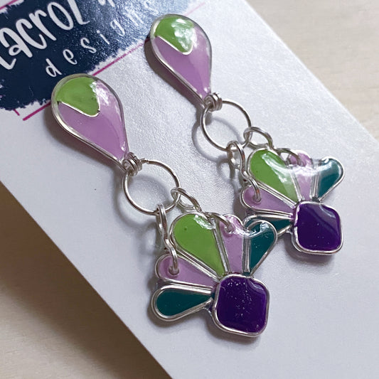 Art Deco Dangle Earrings | Purple and Green Silver