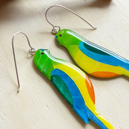 closeup view of silver ear wires on handmade orange-bellied parrot earrings