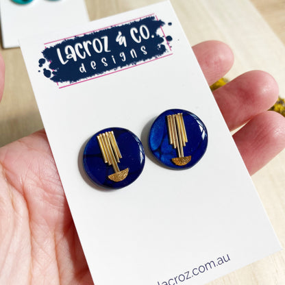 Art Deco Stud Earrings | Navy Blue