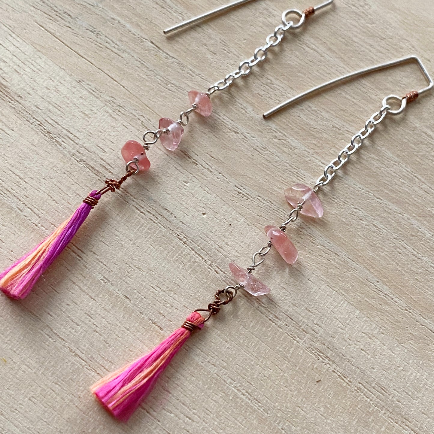 Yasi | Silver Chain Long Pink Tassel Earrings