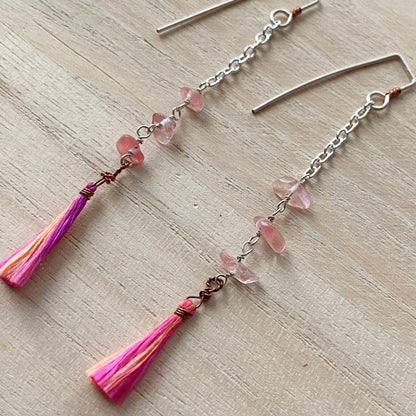 Yasi | Silver Chain Long Pink Tassel Earrings