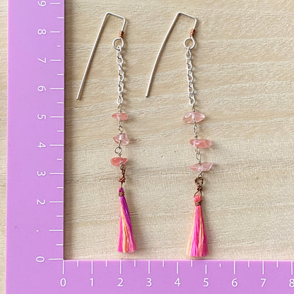 Yasi | Silver Chain Long Pink Tassel Earrings