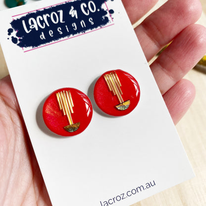 Art Deco Stud Earrings | Red