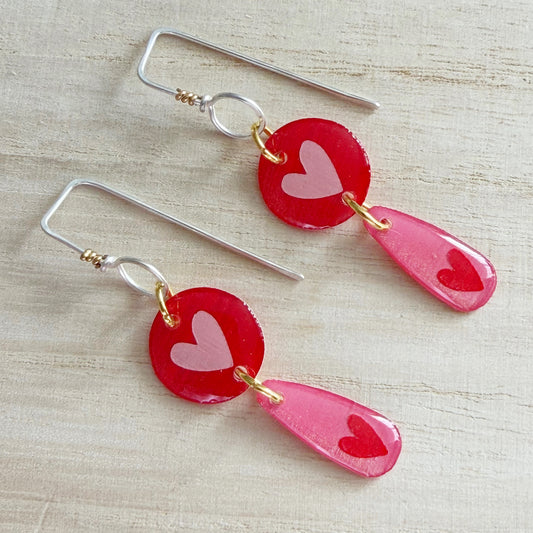 Heart Drop Earrings | Red and Pink