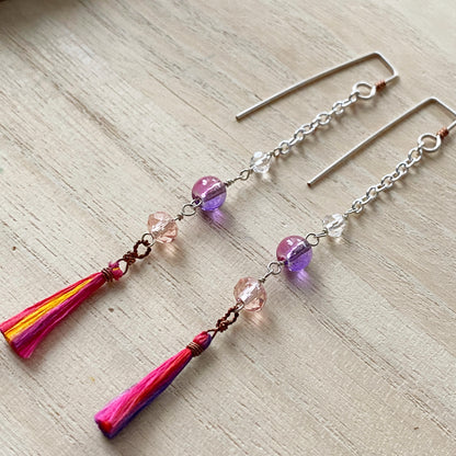 Yasi | Silver Chain Long Purple Sunset Tassel Earrings