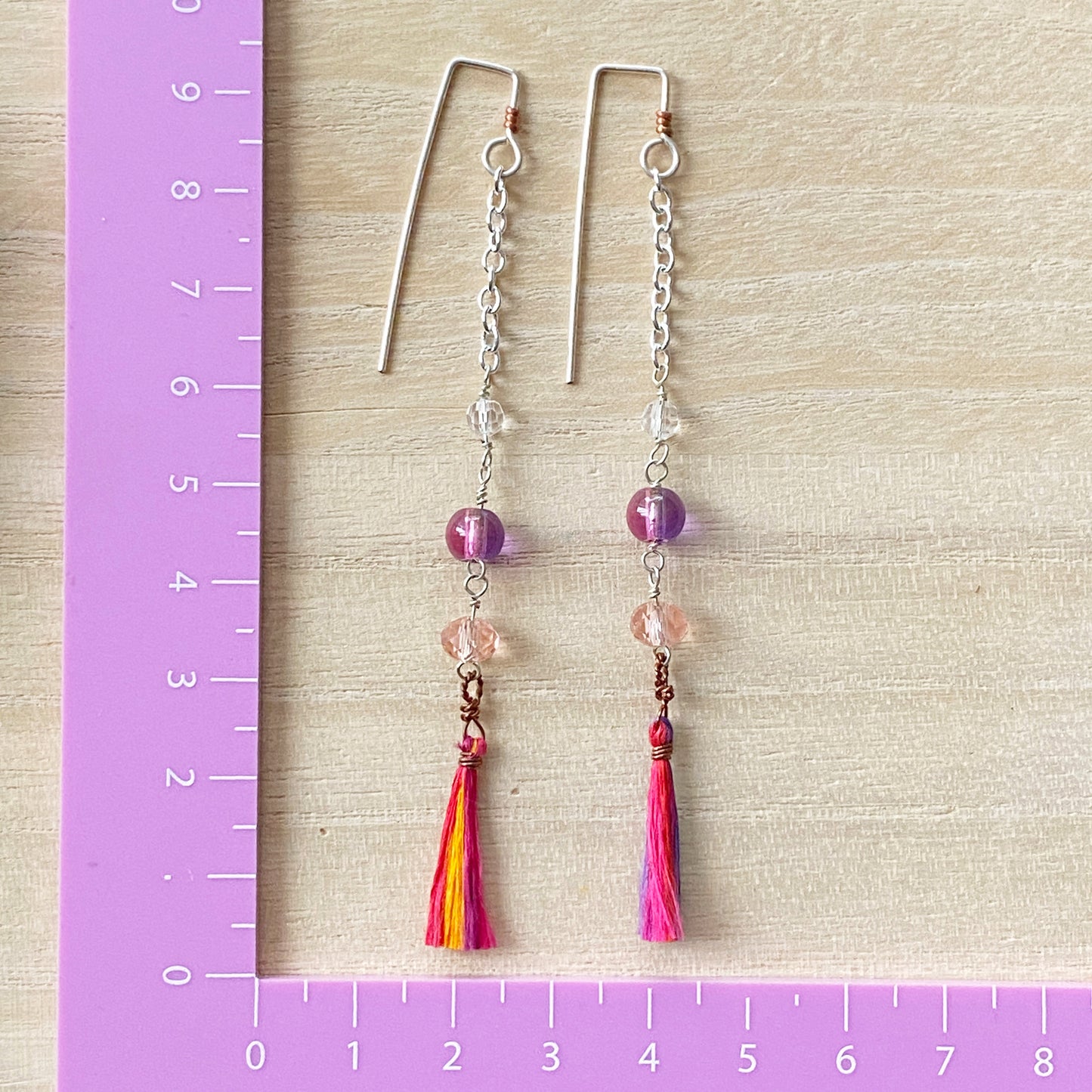 Yasi | Silver Chain Long Purple Sunset Tassel Earrings