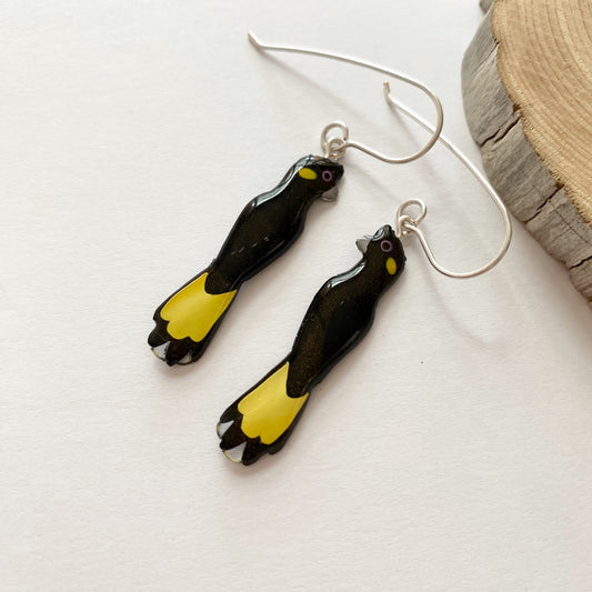 Yellow-tailed Black Cockatoo Earrings | mini size